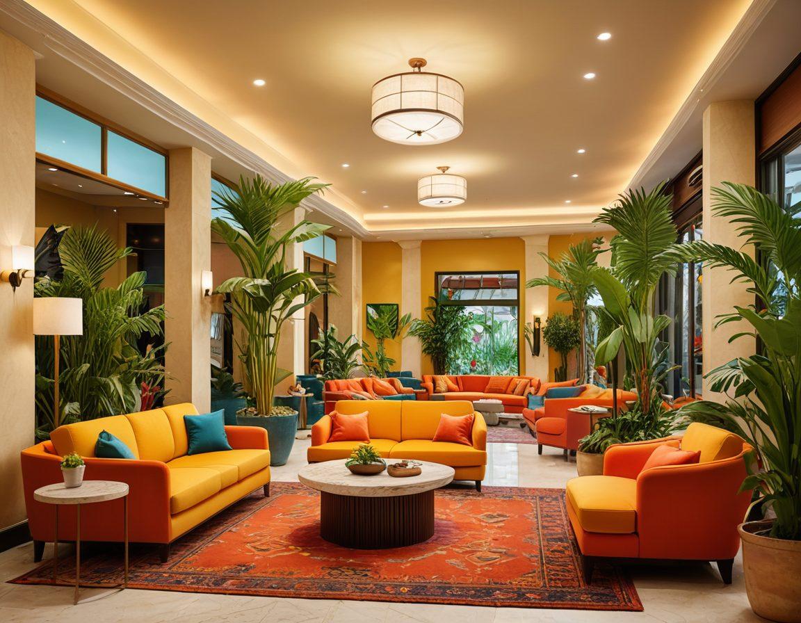 A vibrant, cozy hotel lobby filled with bright colors, cheerful travelers laughing and chatting, comfy seating areas with plush cushions, tropical plants enhancing the joyful atmosphere, and a friendly reception staff welcoming guests. super-realistic. vibrant colors. warm lighting.