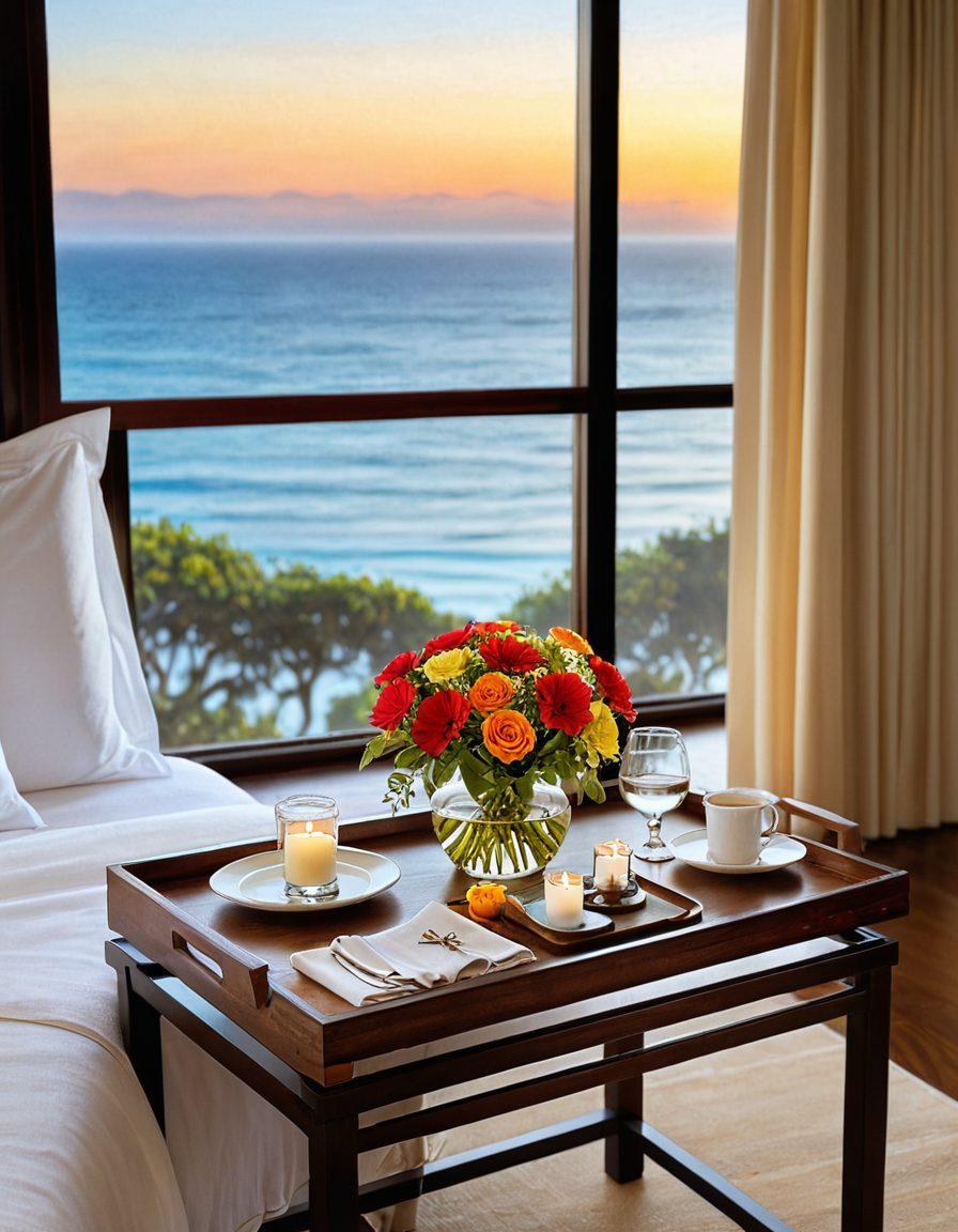 A serene hotel room with an ocean view, elegantly decorated with soft linens and vibrant flowers. A welcoming tray with refreshments is placed on a polished wooden table. The sun is setting, casting a warm golden glow through the expansive windows, inviting relaxation and comfort. Elements of unique local decor subtly reflect the culture of the destination. super-realistic. vibrant colors. inviting atmosphere.