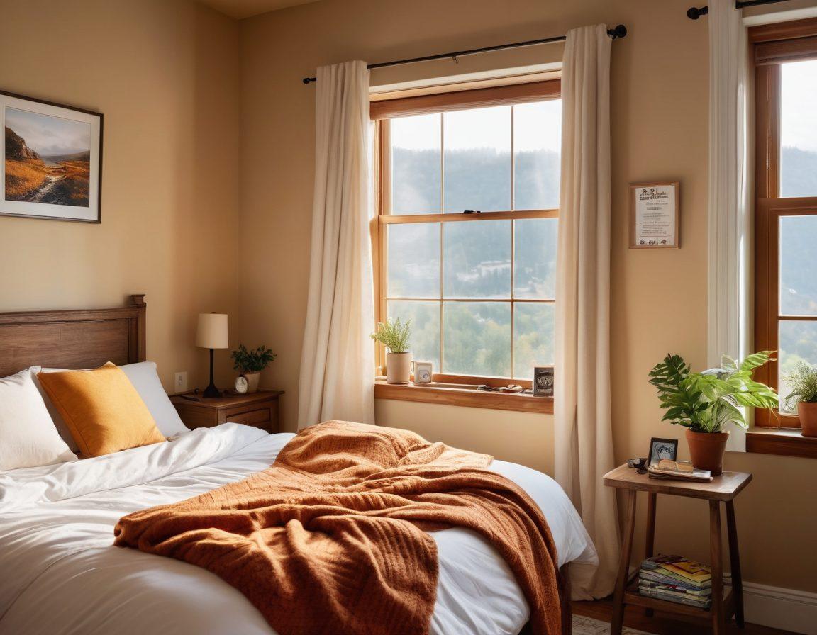 A cozy and inviting room featuring a beautifully made bed with soft pillows, warm blankets, and a cheerful window view showcasing a sunny landscape. A friendly sign reading 'Affordable Comfort' hangs on the wall, surrounded by joyful travel photos. Include a small desk with travel guides and a steaming cup of coffee. The ambiance should radiate warmth and happiness. super-realistic. vibrant colors. cozy atmosphere.